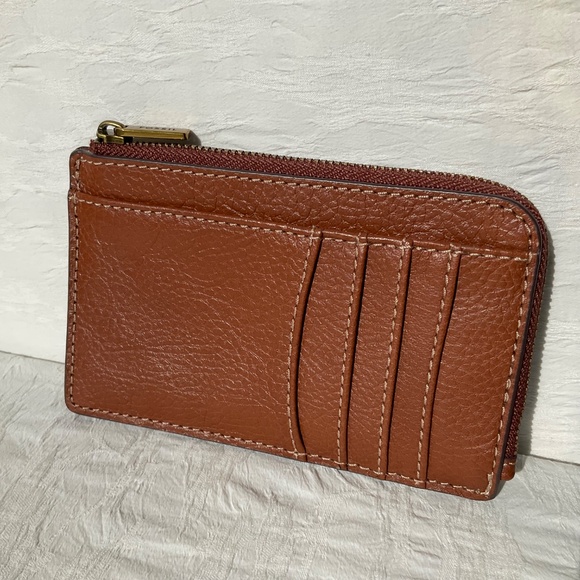 Fossil Jori Zip Card Case Leather Medium Brown Pebbled Leather NWT - Picture 3 of 10